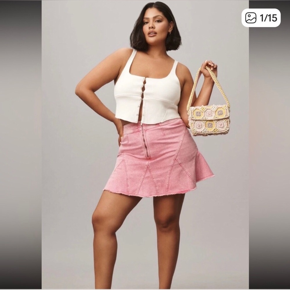Pilcro Anthropologie Pink Denim Flare Mini Skirt Raw Hem Stretch Women's 14